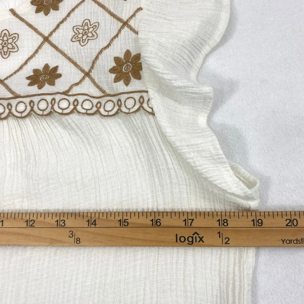 MINE Blouse Womens Large White Gauze Tan Floral Embroidered Boho Festival Top - Picture 6 of 8